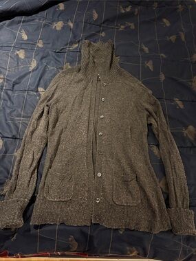 Women’s Jacob Connexion Button-Up Grey Ribbed Collar Cardigan Sweater - size L